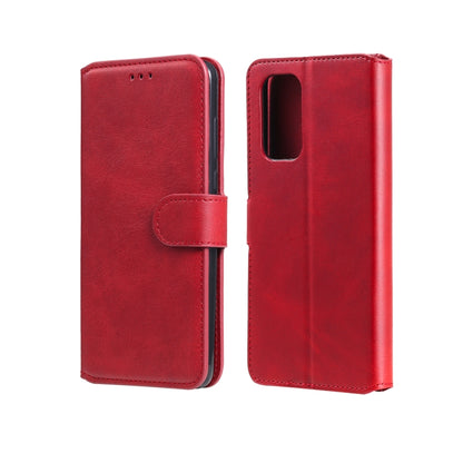 Red flip phone wallet case with magnetic strap and side button holes.