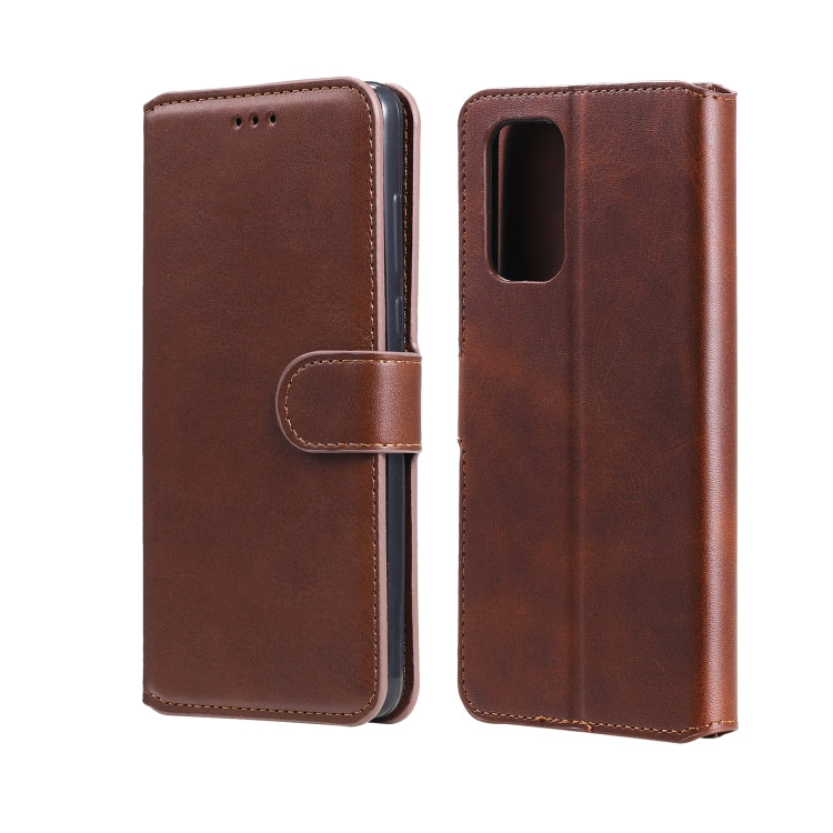 Dark brown flip phone wallet case with magnetic strap and camera cutout.