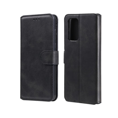 Black PU flip phone case with magnetic strap and card slots, rear camera cutout