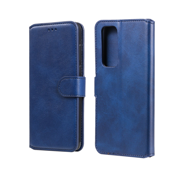 Blue PU flip phone case with magnetic strap and card slots, rear camera cutout