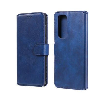 Blue PU flip phone case with magnetic strap and card slots, rear camera cutout