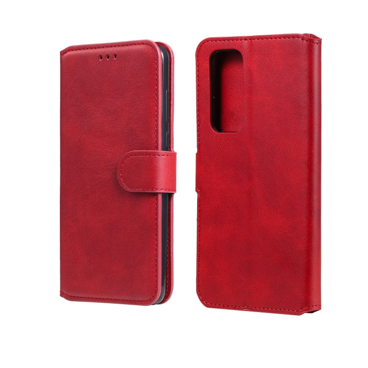 Red PU wallet-style flip case with fold-over cover, card slots and camera opening