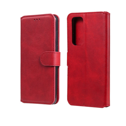 Red PU wallet-style flip case with fold-over cover, card slots and camera opening