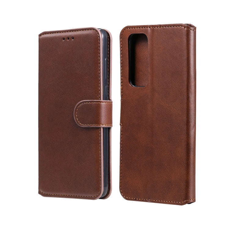 Brown PU flip phone case with card holder and magnetic strap, rear camera cutout
