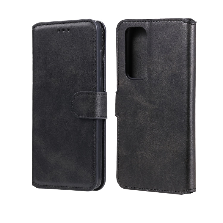 Black flip leather-look phone case with side strap and camera cutout pocket.