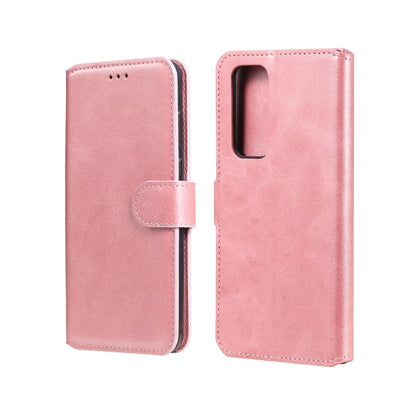 Rose pink flip leather-look phone case with side strap and camera cutout pocket.