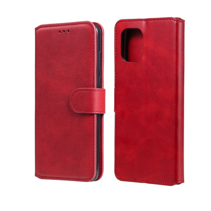 Red flip leather-look phone case with side strap and camera cutout pocket.