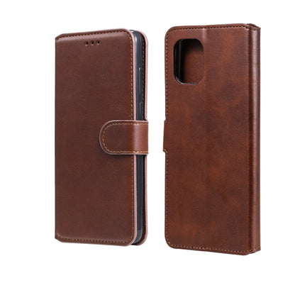 Medium brown flip leather-look phone case with side strap and camera cutout pocket.