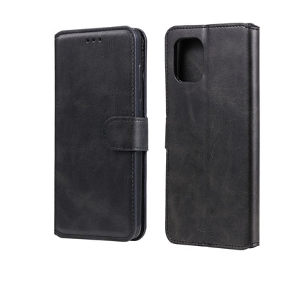 Black flip phone wallet case with card holder and cutout for camera, front cover closed