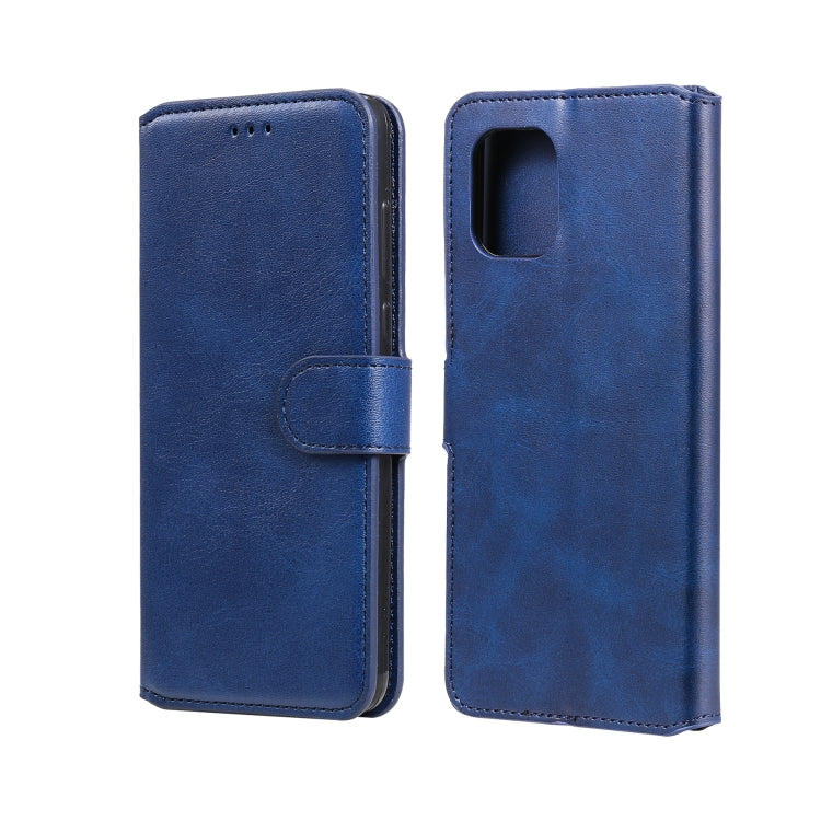 Blue flip leather-look phone case with side strap and camera cutout pocket.