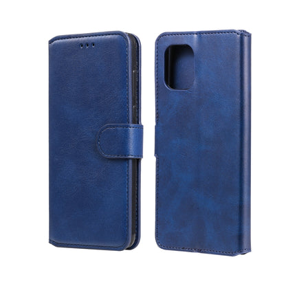 Blue flip leather-look phone case with side strap and camera cutout pocket.