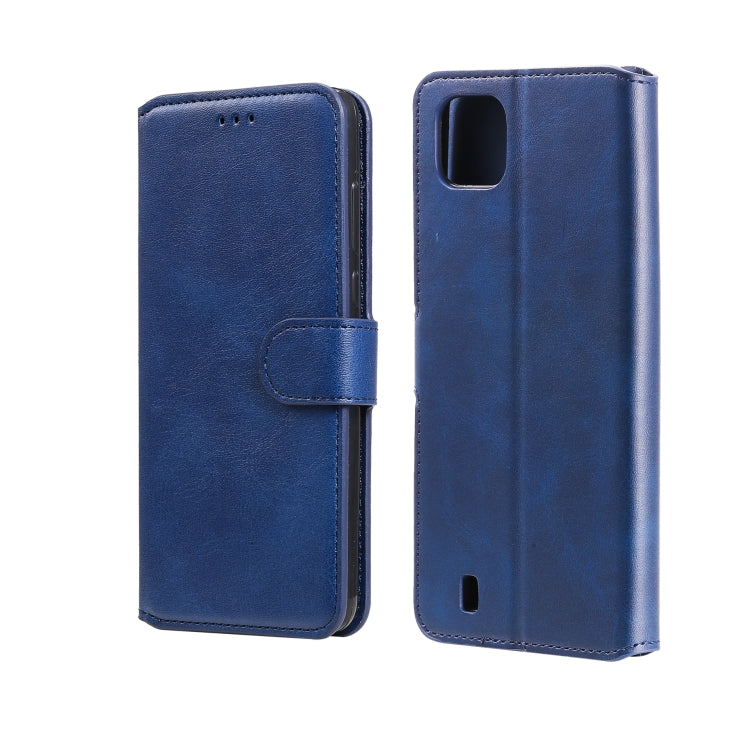 Blue flip phone wallet case with card holder, front flap and back cover with camera cutout