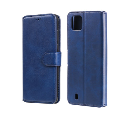 Blue flip phone wallet case with card holder, front flap and back cover with camera cutout