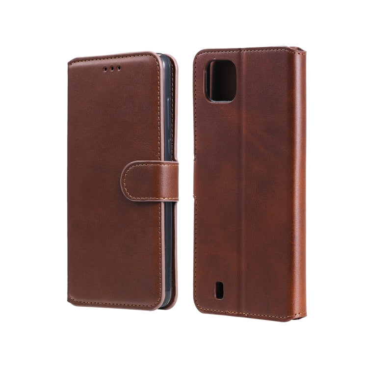 Brown flip phone wallet case with card holder, front flap and back cover with camera cutout
