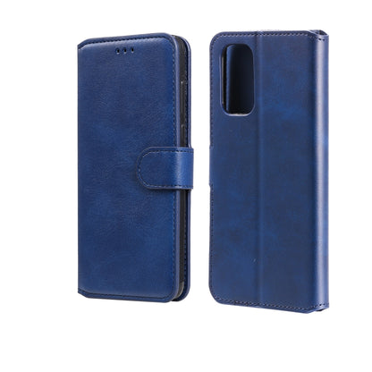 Blue textured flip phone wallet case with card holder, front flap and back cover with camera cutout