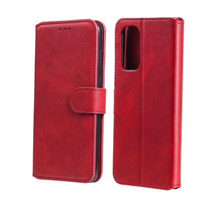 Red flip leather phone case with card holder flap and rear camera cutout for ports