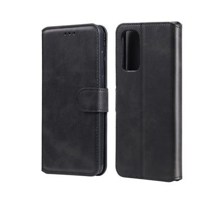 Black flip wallet phone case with front cover strap and visible rear camera opening