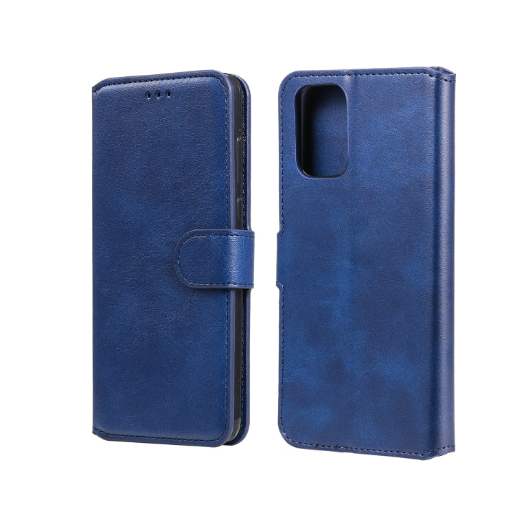Blue flip leather phone case with magnetic strap and cutout for camera and speaker