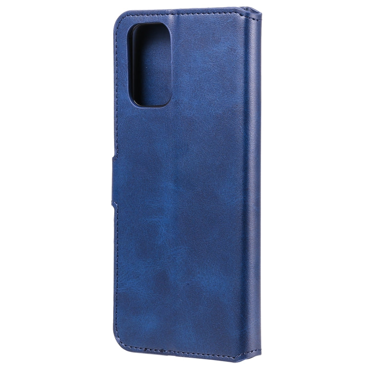 Blue leather-style flip phone case with camera cutout and slim protective back
