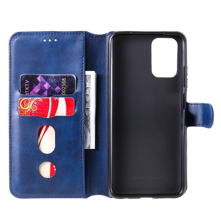 Blue flip leather phone case with card slots and windowed holder, phone inserted
