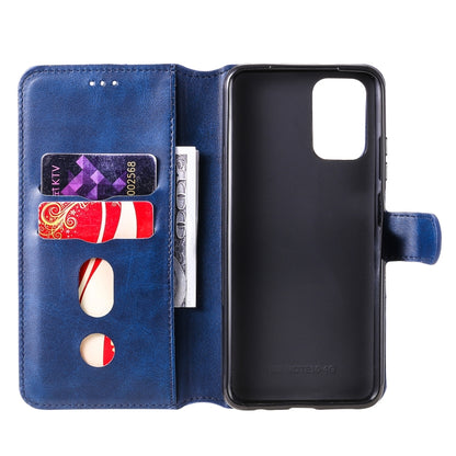 Blue flip leather phone case with card slots and windowed holder, phone inserted