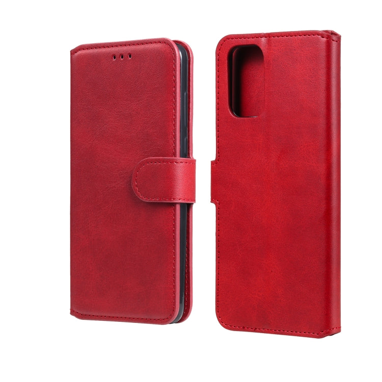 Red flip leather phone case with magnetic strap and camera cutout, wallet-style