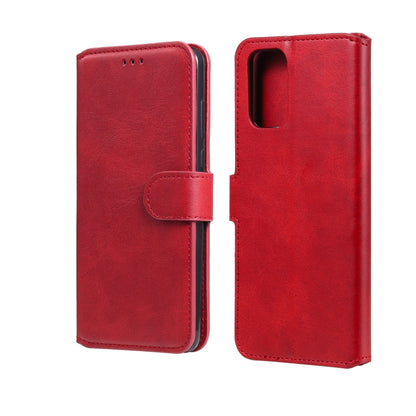 Red flip leather phone case with magnetic strap and camera cutout, wallet-style