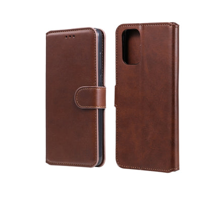 Brown flip leather phone case with magnetic strap and camera cutout, wallet style