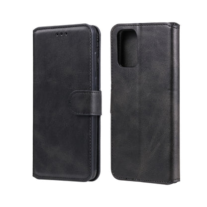 Black flip leather phone case with magnetic strap and camera cutout, slim profile