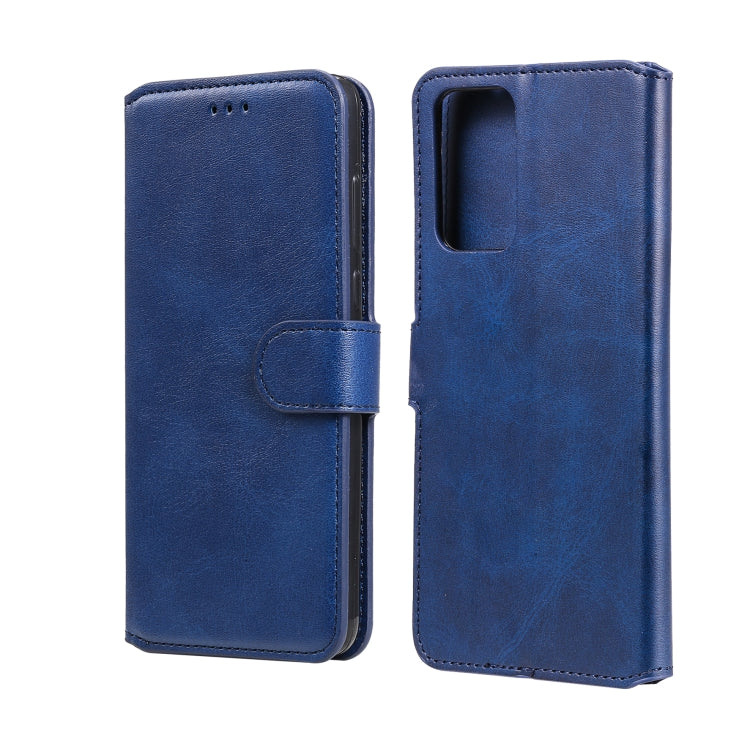 Blue flip leather phone case with card slots and magnetic holder, open and closed views