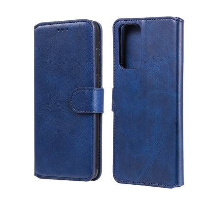 Blue flip leather phone case with card slots and magnetic holder, open and closed views