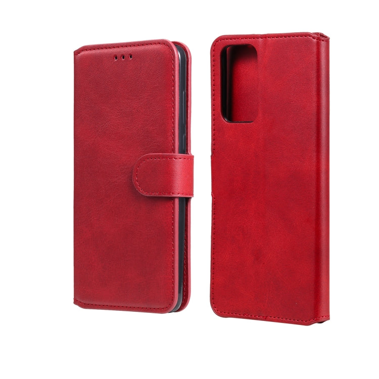 Red flip leather phone case with card slots and magnetic holder, open and closed views