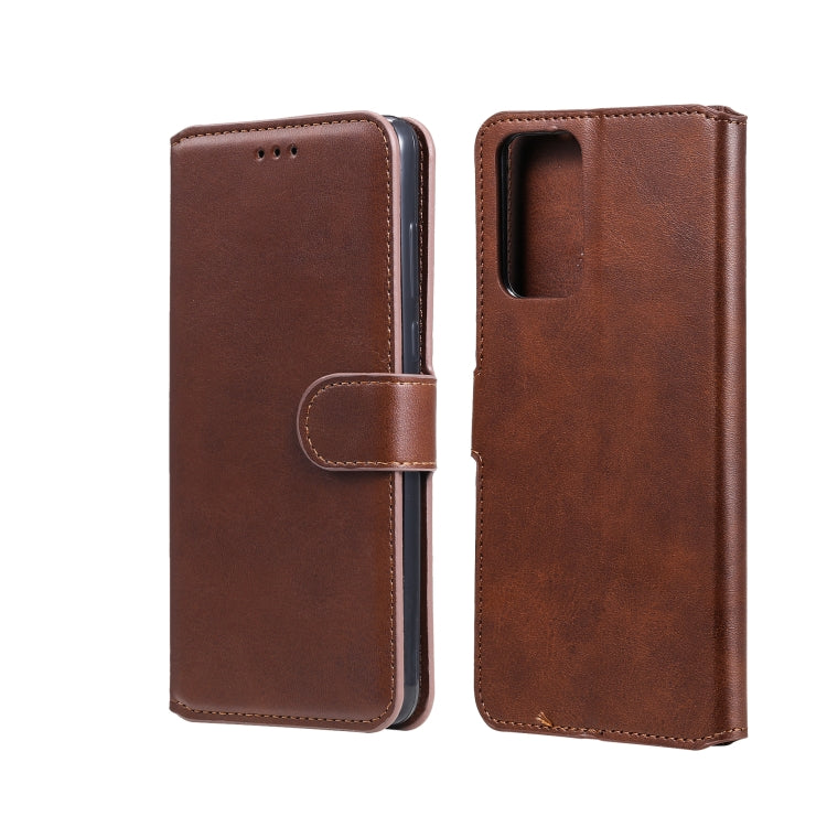 Brown flip leather phone case with card slots and magnetic holder, open and closed views