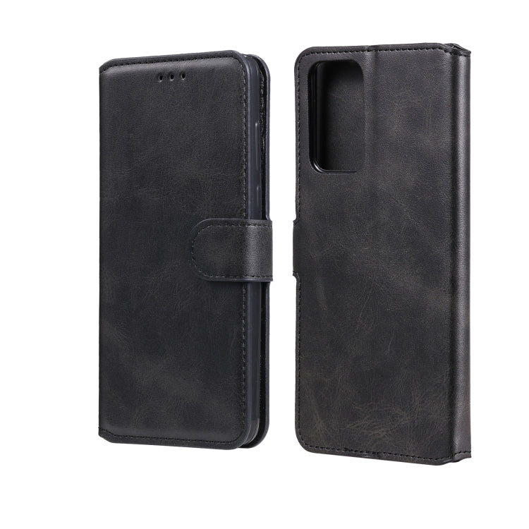 Black flip leather phone case with card slots and magnetic holder, open and closed views