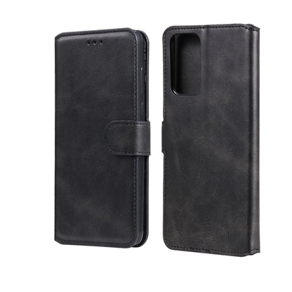 Black flip leather phone case with card slots and magnetic holder, open and closed views