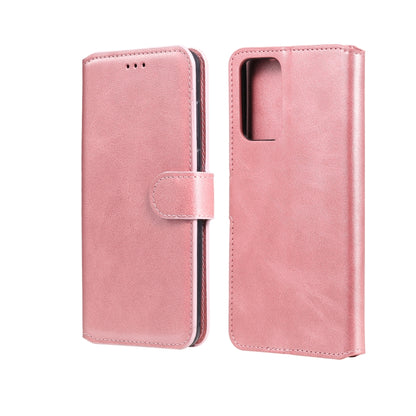 Rose pink flip leather phone case with card slots and magnetic holder, front flap and back view