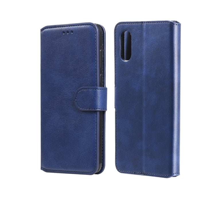 Blue flip leather phone case with card slots and magnetic holder, open and closed views