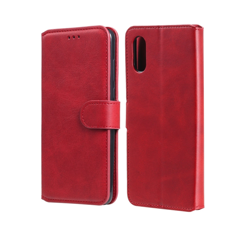 Red flip phone wallet case with magnetic strap and camera cutout.
