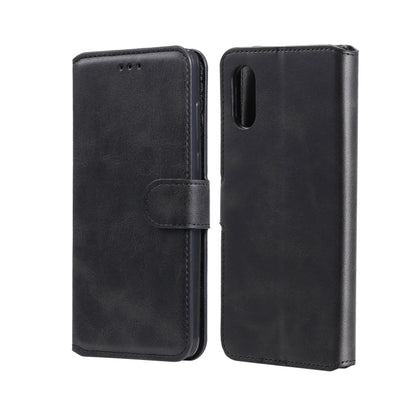 Black flip phone wallet case with magnetic strap and camera opening.