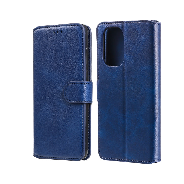 Blue flip phone wallet case with magnetic strap and side button holes.