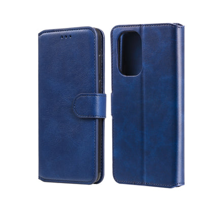 Blue flip phone wallet case with magnetic strap and side button holes.