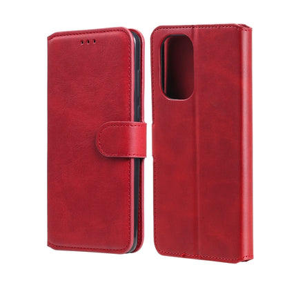 Red PU flip phone case with side strap closure, card slots and rear camera cutout