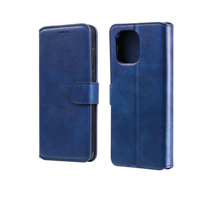 Blue PU wallet flip phone case with card holder and magnetic strap, rear camera cutout