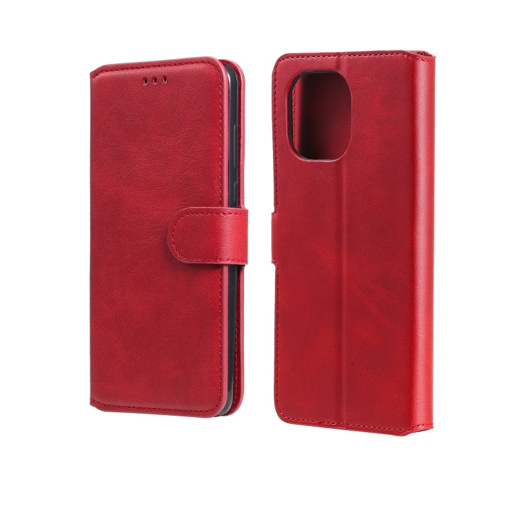 Red flip leather-look phone case with side strap and camera cutout pocket.