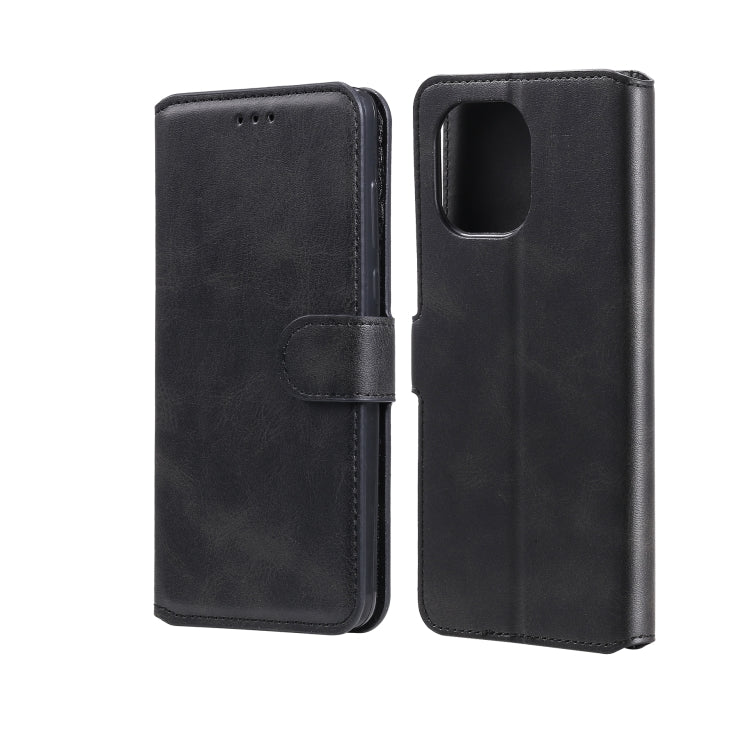 Dark gray flip leather-look phone case with side strap and camera cutout pocket.