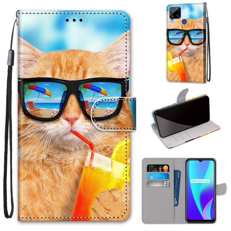 Flip PU leather phone case with cat wearing glasses and scarf, card slots and strap