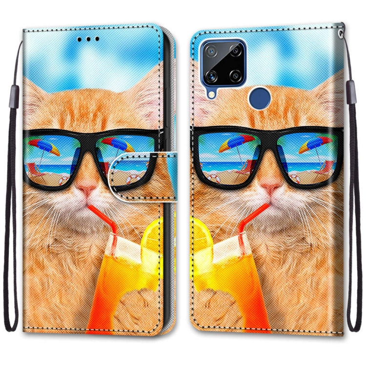 Cat illustration flip PU leather phone case with glasses, card slots and side wrist strap