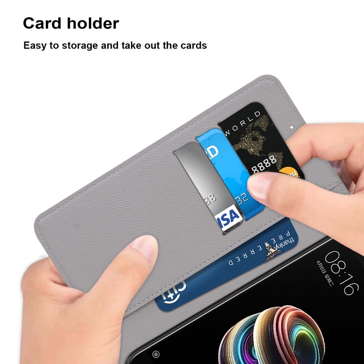 Gray flip PU leather phone case with card slots, showing cards being inserted