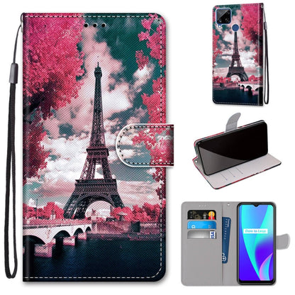 Flip PU leather phone case with Eiffel Tower watercolor print, card slots and wrist strap