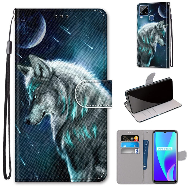Flip PU leather phone case with wolf under moon illustration, card slots and wrist strap